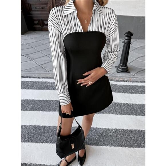 Striped Shirt Panel Bodycon Mini Dress - Picture 3 of 7